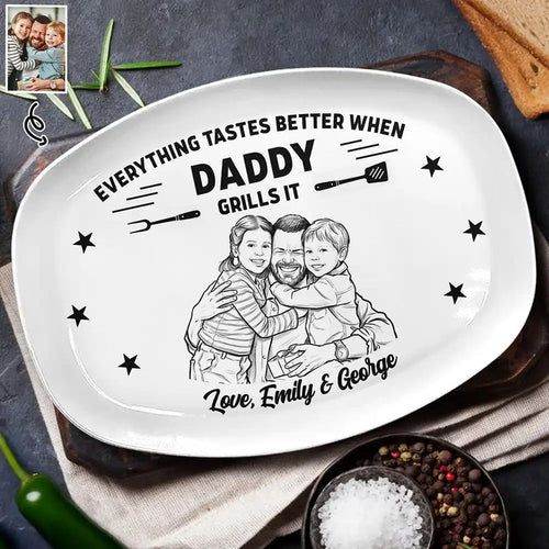 Custom Photo Bold Sketch Everything Tastes Better When Grandpa Daddy Grills It - Personalized Plate