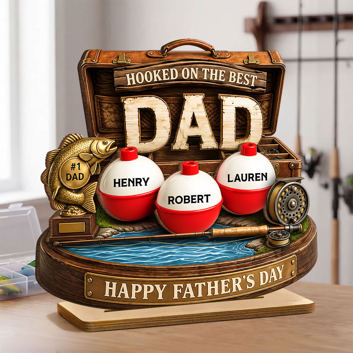 Hooked On The Best Dad Fishing - Personalized Wooden Plaque - Heartfelt Gift For Fishing Dad, Gift For Husband