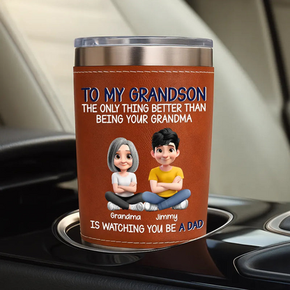 Metal Effect Watching You Be A Dad - Personalized Leather Tumbler