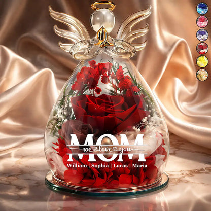 Mom Grandma Flower We Love You - Personalized Flower In Glass Angel Figurine