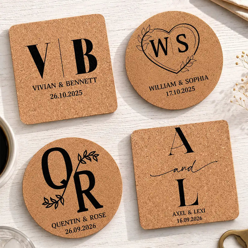Monogram Wedding Couple Name - Personalized Cork Coaster