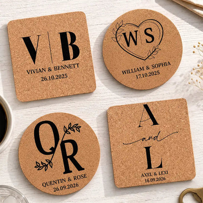 Monogram Wedding Couple Name - Personalized Cork Coaster