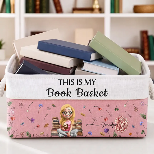 My Books Reading Girl With Birth Month Flower - Personalized Storage Basket