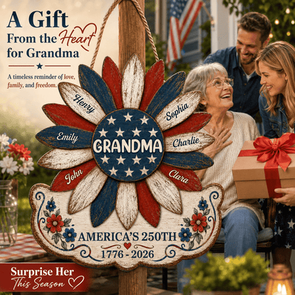 Grandma Nation Flag Sunflower America 250th Anniversary - Personalized Wood Sign - 250 Years Of Freedom, Patriotic Decoration
