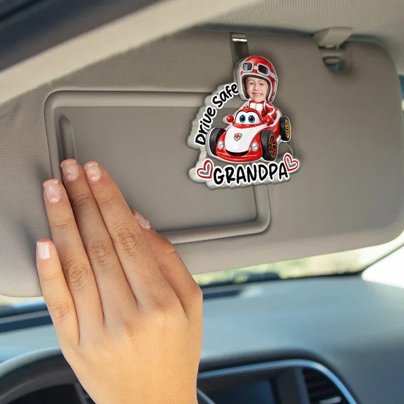 Custom Photo Drive Safe Daddy Papa Best Pit Crew Kid Car Racing - Personalized Custom Shaped Acrylic Car Visor Clip