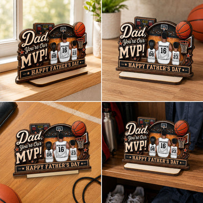 Dad You Are Our MVP Sitting Basketball Man & Kids 2D Flat - Personalized Wooden Plaque - Father's Day Gift For Basketball Dad