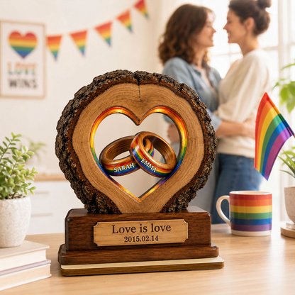 Love is Love LGBTQ+ Couple Anniversary - Personalized Wooden Plaque - Heartfelt Gift for Her, for Him