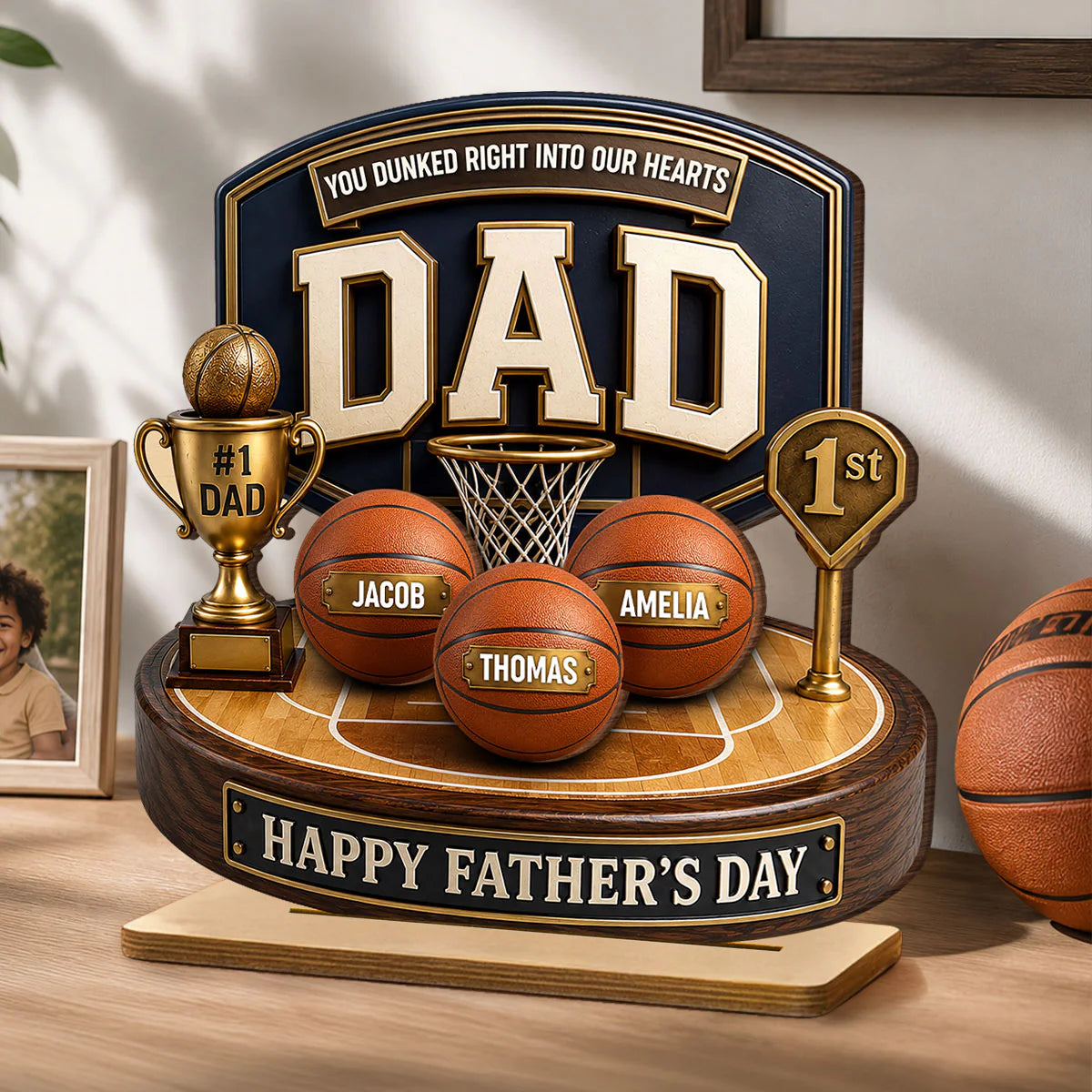 Basketball Trophy You Dunked Right Into Our Hearts - Personalized Wooden Plaque - Father's Day Gift For Dad, Husband