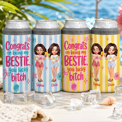 Congrats On Being My Bestie Stripe Style - Personalized Can Cooler - Summer