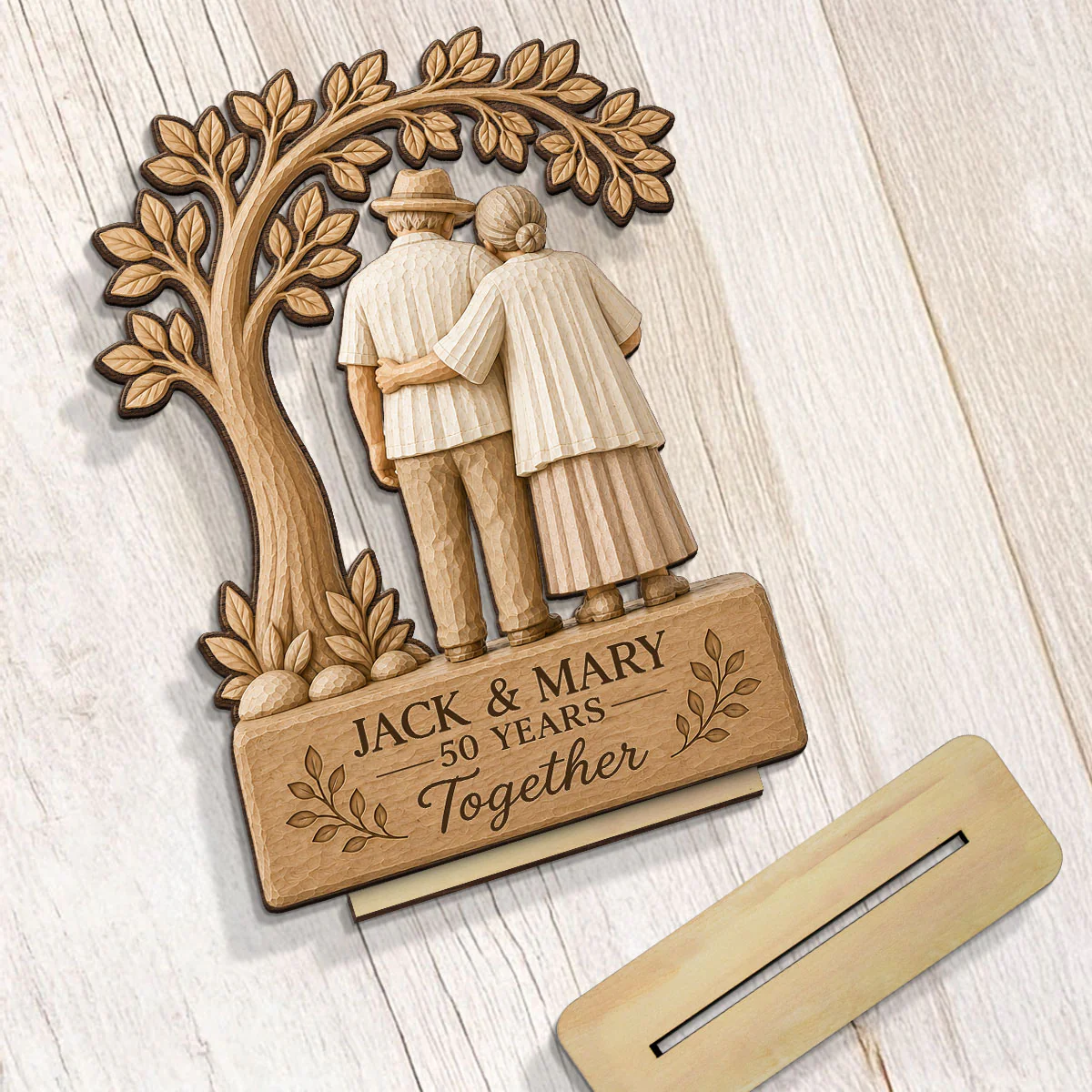 Rustic Old Couple Walking Anniversary Gift - Personalized Wooden Plaque - Wedding Year Decor