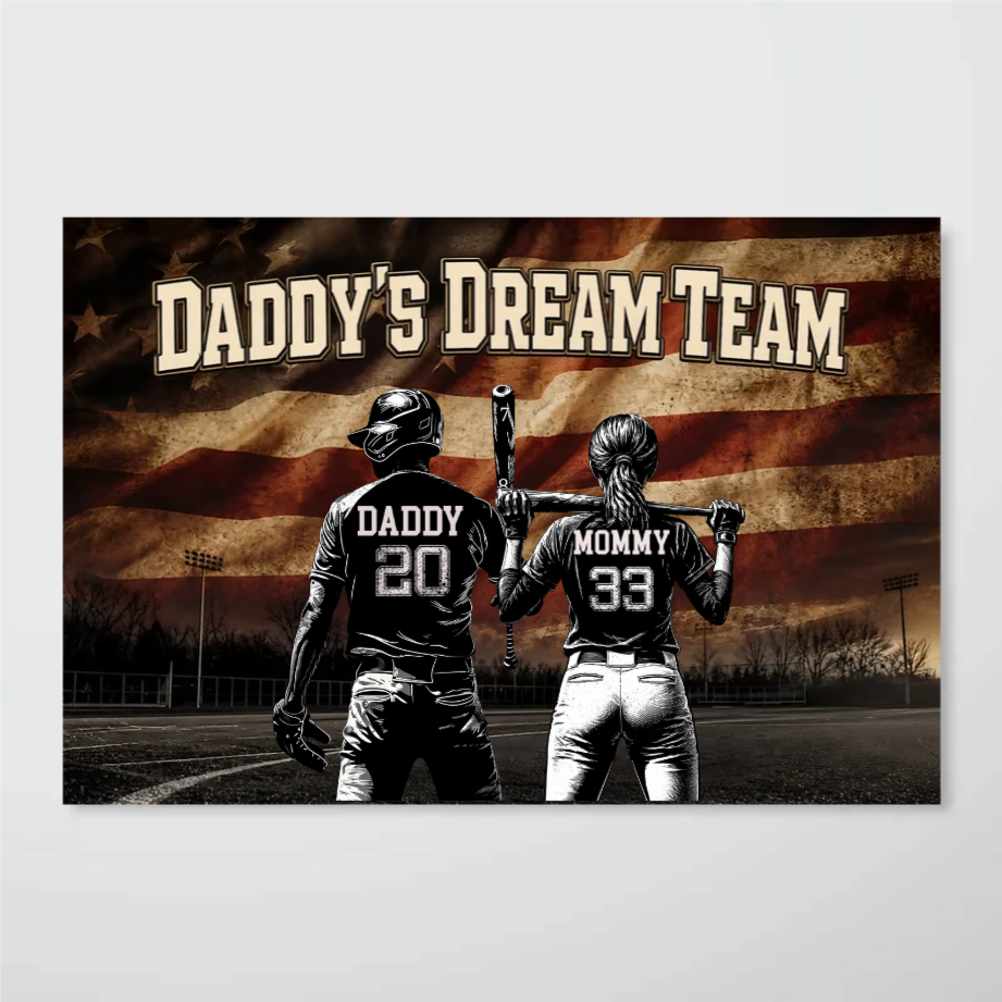 Daddy's Dream Team Baseball Nation Flag - Personalized Poster - Father's Day Gift for Dad, Husband