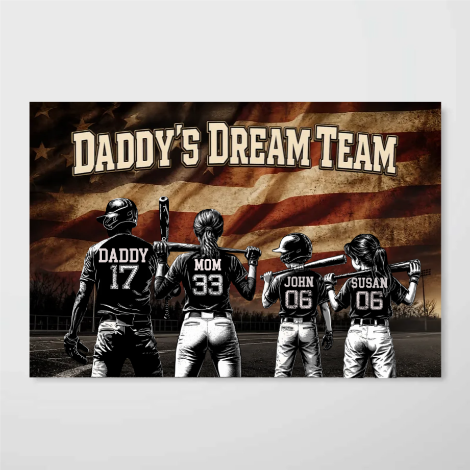Daddy's Dream Team Baseball Nation Flag - Personalized Poster - Father's Day Gift for Dad, Husband