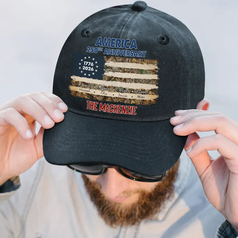 Patriotic 250th Anniversary Family Names - Personalized Vintage Washed Denim Cap