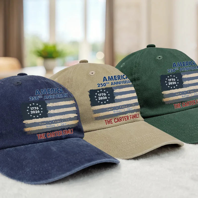 Patriotic 250th Anniversary Family Names - Personalized Vintage Washed Denim Cap
