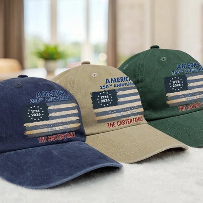 Patriotic 250th Anniversary Family Names - Personalized Vintage Washed Denim Cap