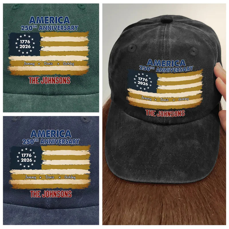 Patriotic 250th Anniversary Family Names - Personalized Vintage Washed Denim Cap