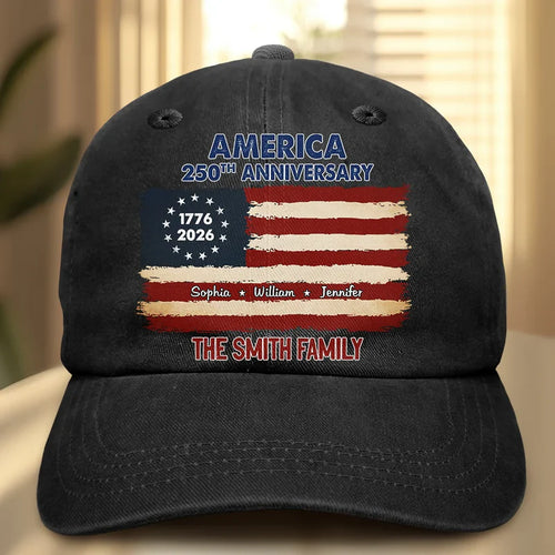 Patriotic 250th Anniversary Family Names - Personalized Vintage Washed Denim Cap