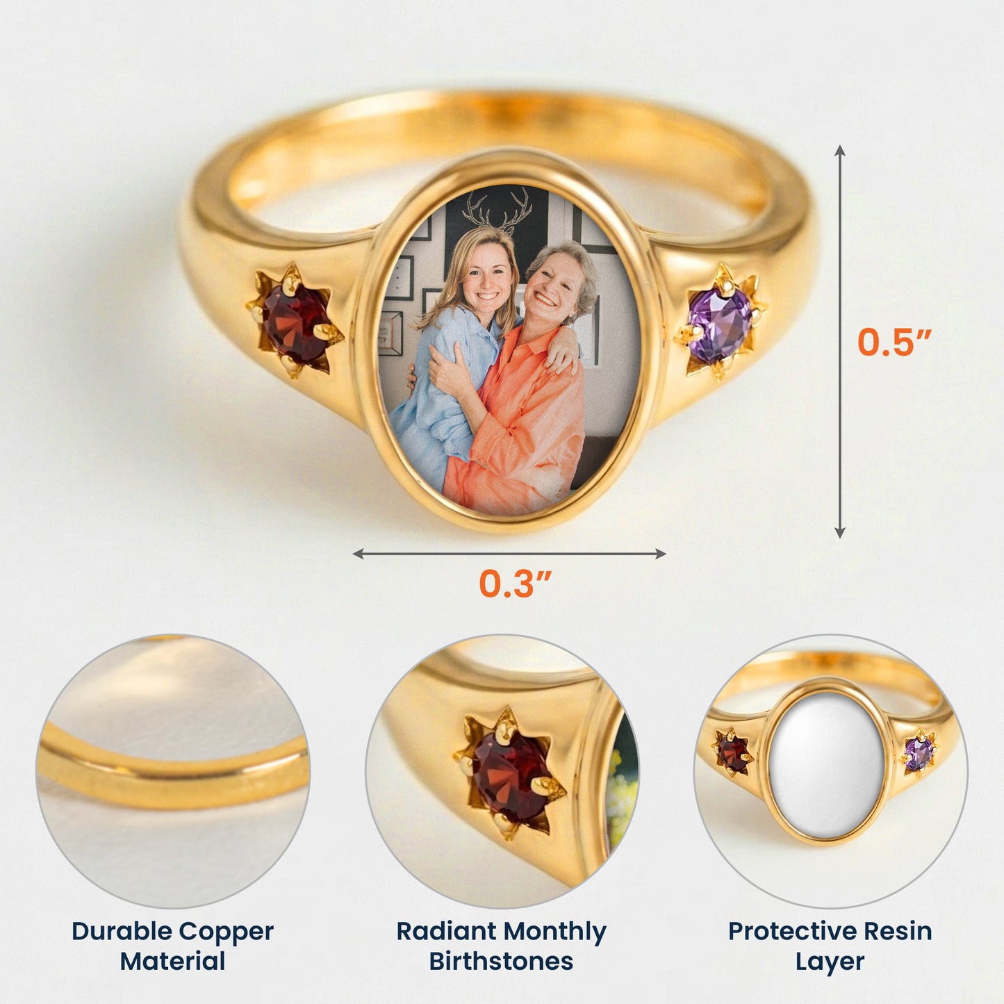Photo Ring With 2 Birthstones Mother's Day Gift For Mom - Personalized Ring