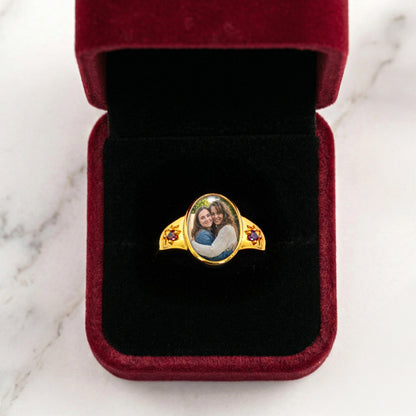 Photo Ring With 2 Birthstones Mother's Day Gift For Mom - Personalized Ring