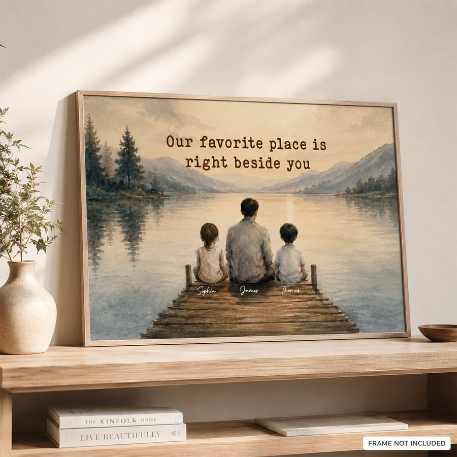 Peaceful Lakeside Dad And Kids Watercolor Style - Personalized Poster
