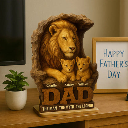 Lion Dad And Kids Personalized Standing Wooden Plaque, Unique Father's Day Gift For Dad