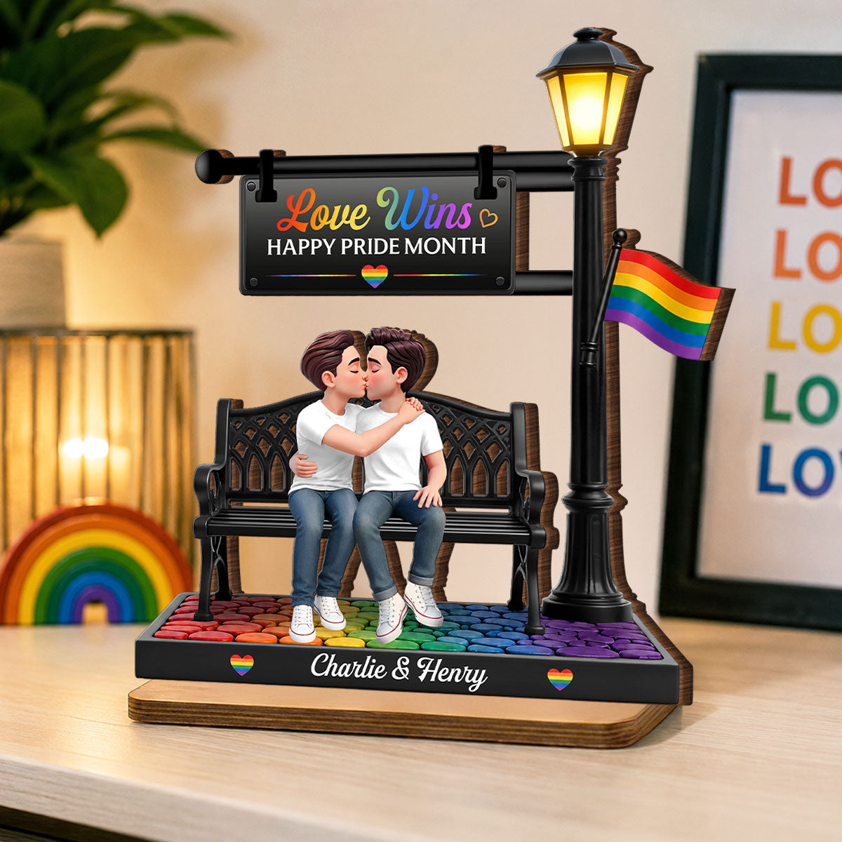 LGBT+ Couple Sitting On Bench Under Lamp Post - Personalized Wooden Plaque - Gift For Couple, Happy Pride Month