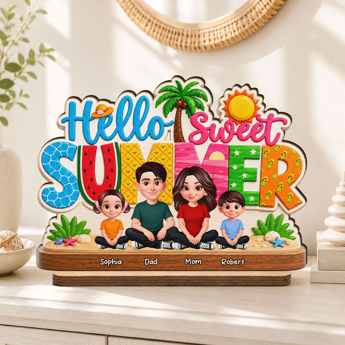Hello Summer Vibe Family Grandpa Grandma Dad Mom Kids - Personalized Wooden Plaque - Gift For Family, Grandparents, Summer Decoration