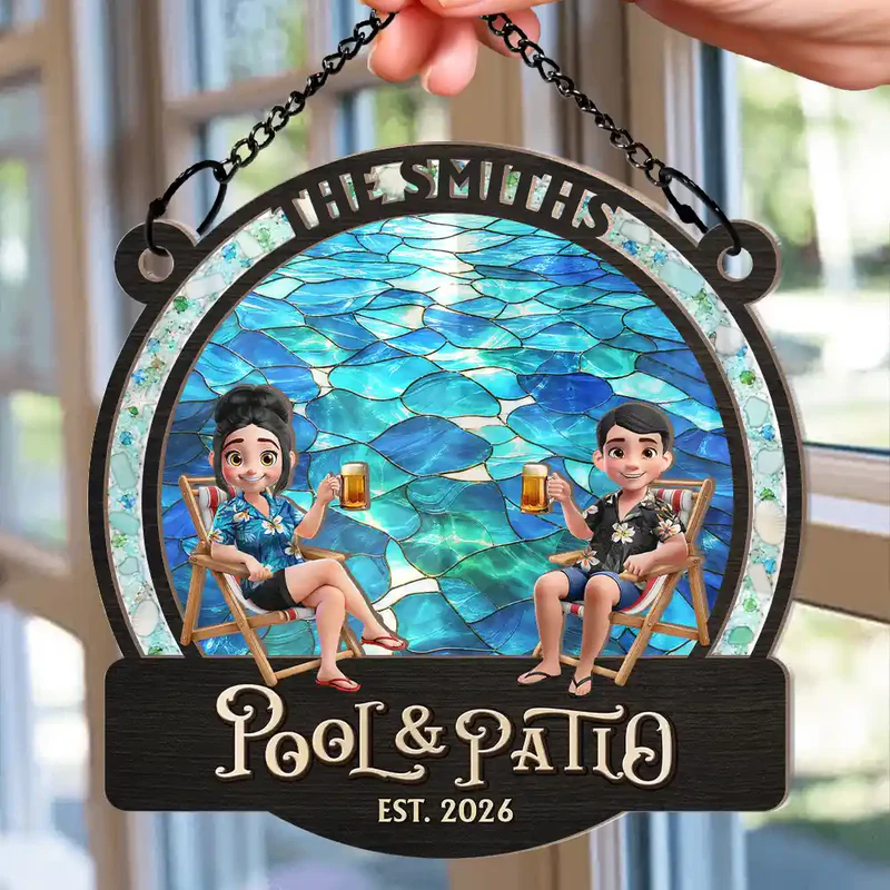 Sea Glass Frame Backyard Oasis - Personalized Window Hanging Suncatcher Ornament