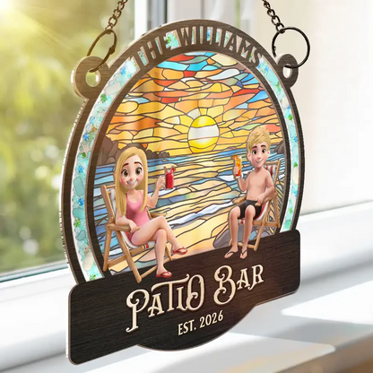 Sea Glass Frame Backyard Oasis - Personalized Window Hanging Suncatcher Ornament