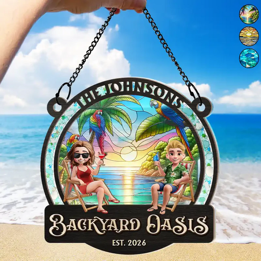 Sea Glass Frame Backyard Oasis - Personalized Window Hanging Suncatcher Ornament