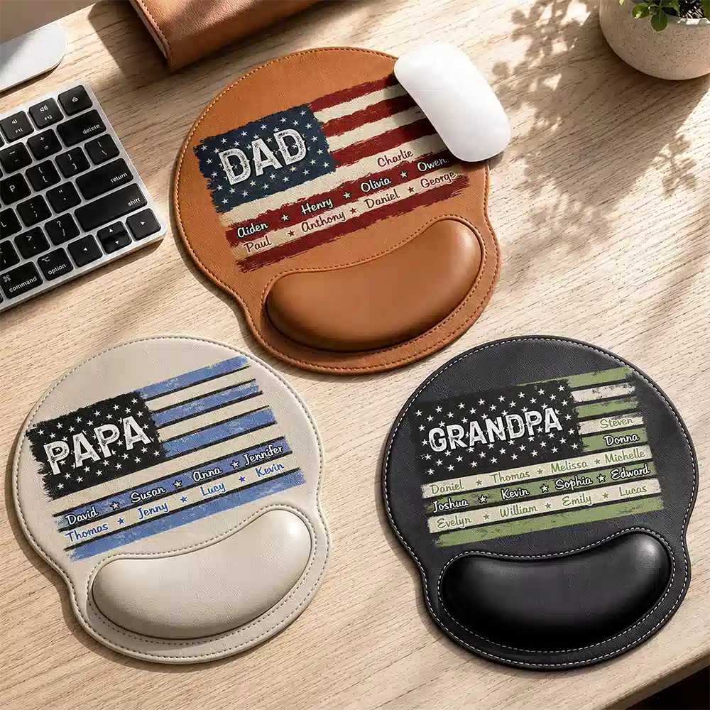 Stars & Stripes US Flag American Dad Grandpa - Personalized Leather Mouse Pad