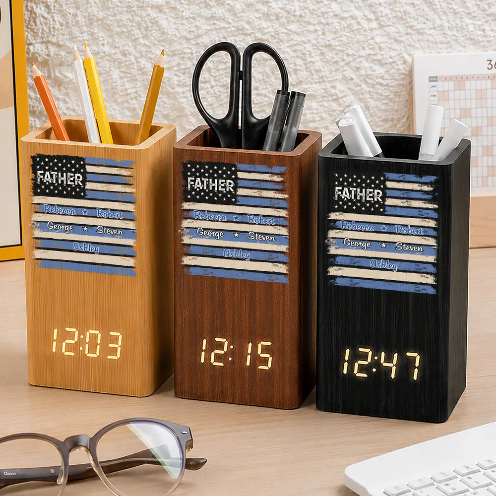 Stars & Stripes US Flag American Dad Grandpa - Personalized Pen Holder With Clock