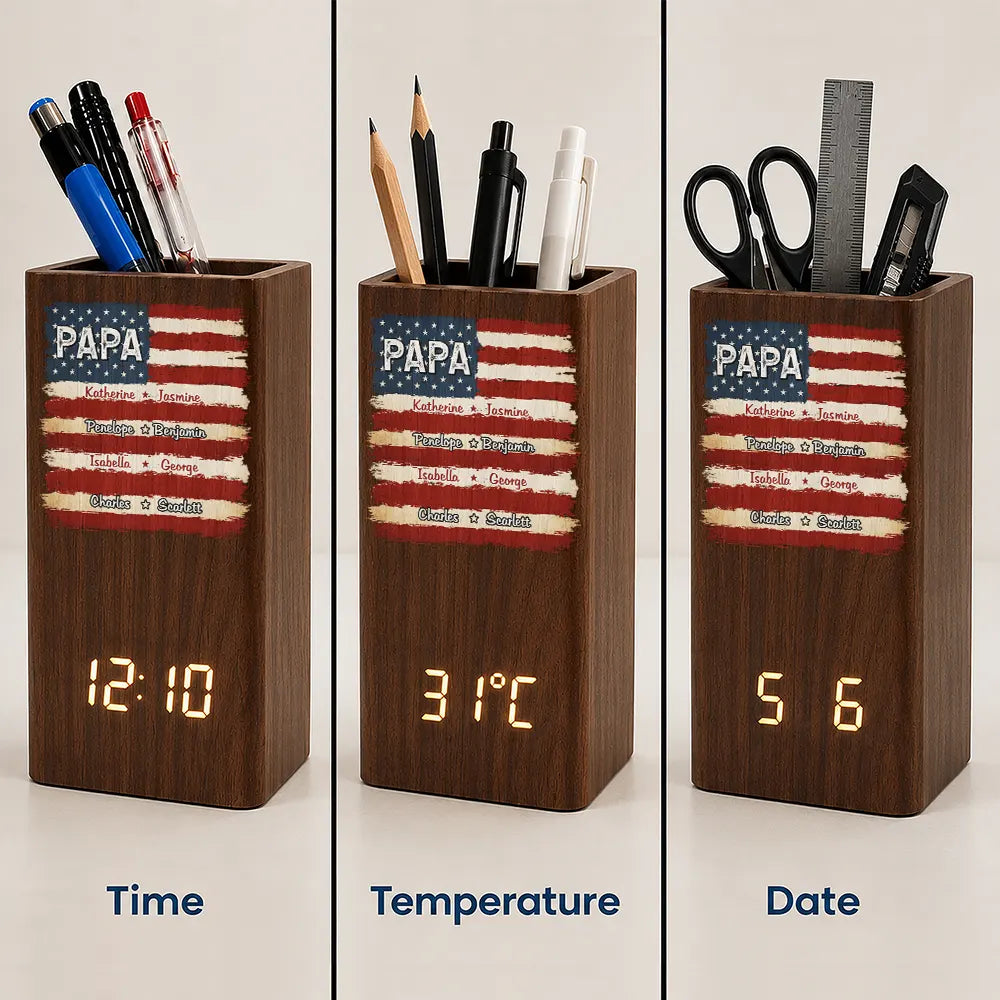 Stars & Stripes US Flag American Dad Grandpa - Personalized Pen Holder With Clock