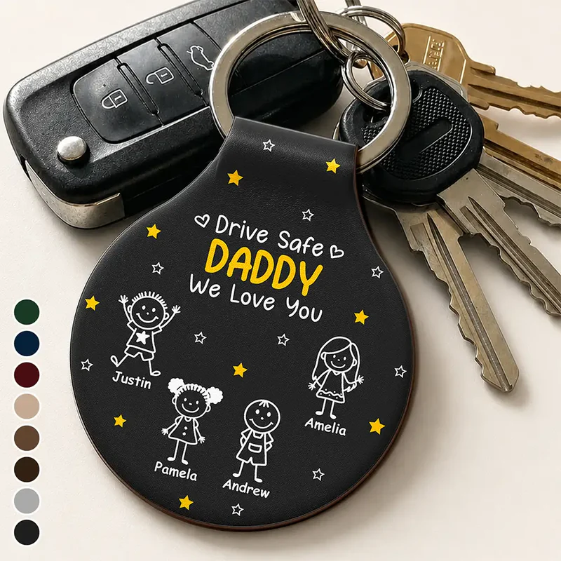 Stick Figures Drive Safe Daddy Grandpa - Personalized Custom Shaped Leather Keychain