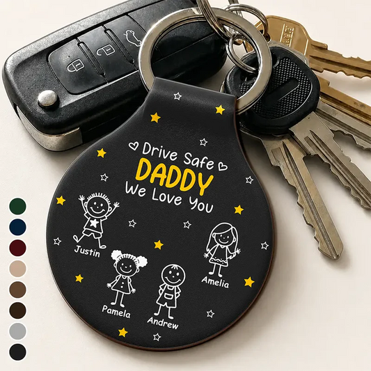 Stick Figures Drive Safe Daddy Grandpa - Personalized Custom Shaped Leather Keychain