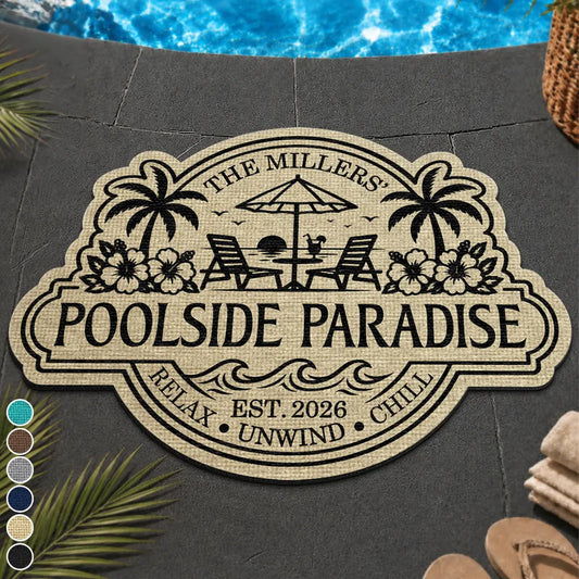 Summer Family Welcome To Our Poolside Paradise - Personalized Custom Shaped Doormat