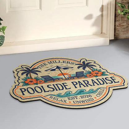 Summer Family Welcome To Our Poolside Paradise - Personalized Custom Shaped Doormat