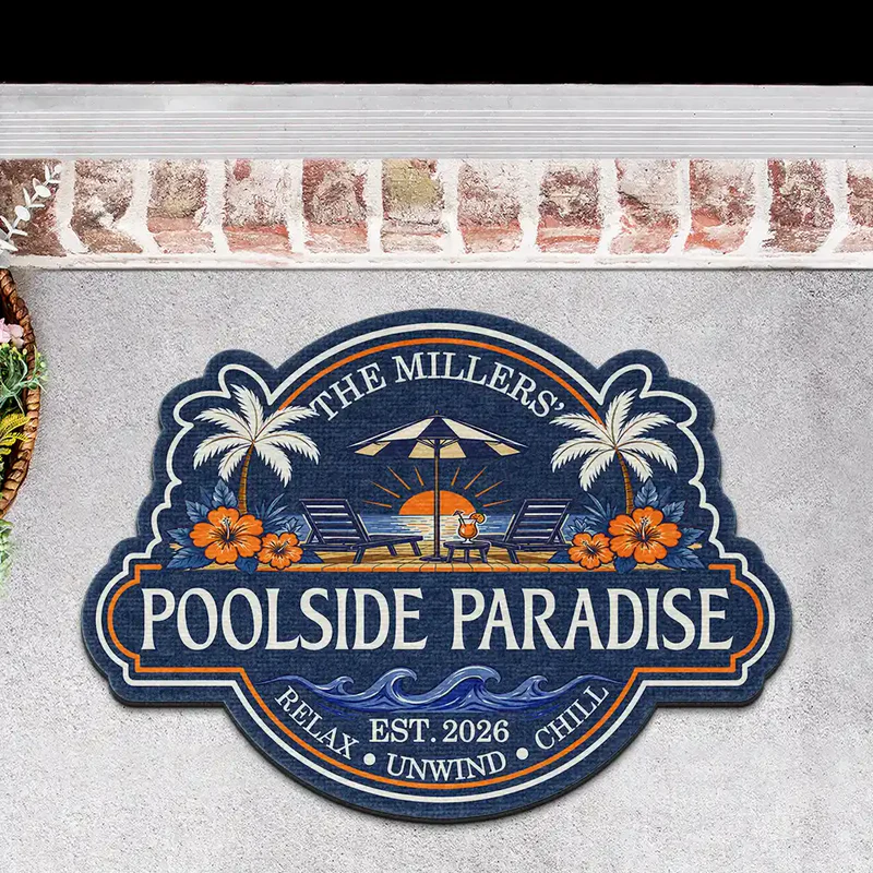 Summer Family Welcome To Our Poolside Paradise - Personalized Custom Shaped Doormat