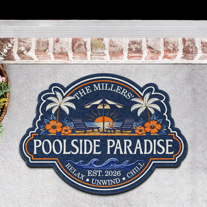Summer Family Welcome To Our Poolside Paradise - Personalized Custom Shaped Doormat