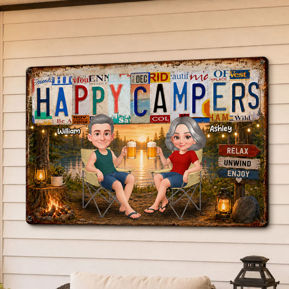 Happy Campers Camping Couple License Plate Style - Personalized Metal Sign - Gift For Campers