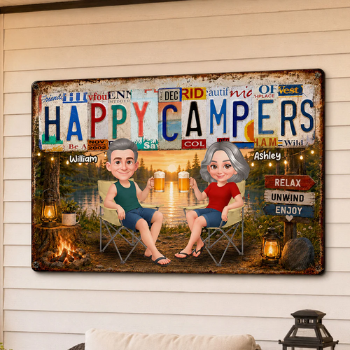 Happy Campers Camping Couple License Plate Style - Personalized Metal Sign - Gift For Campers