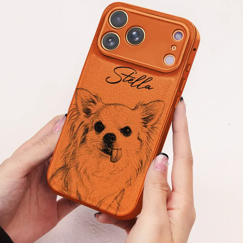 Custom Photo Pencil Sketch Family Besties Dog Cat Portrait - Personalized Leather Phone Case