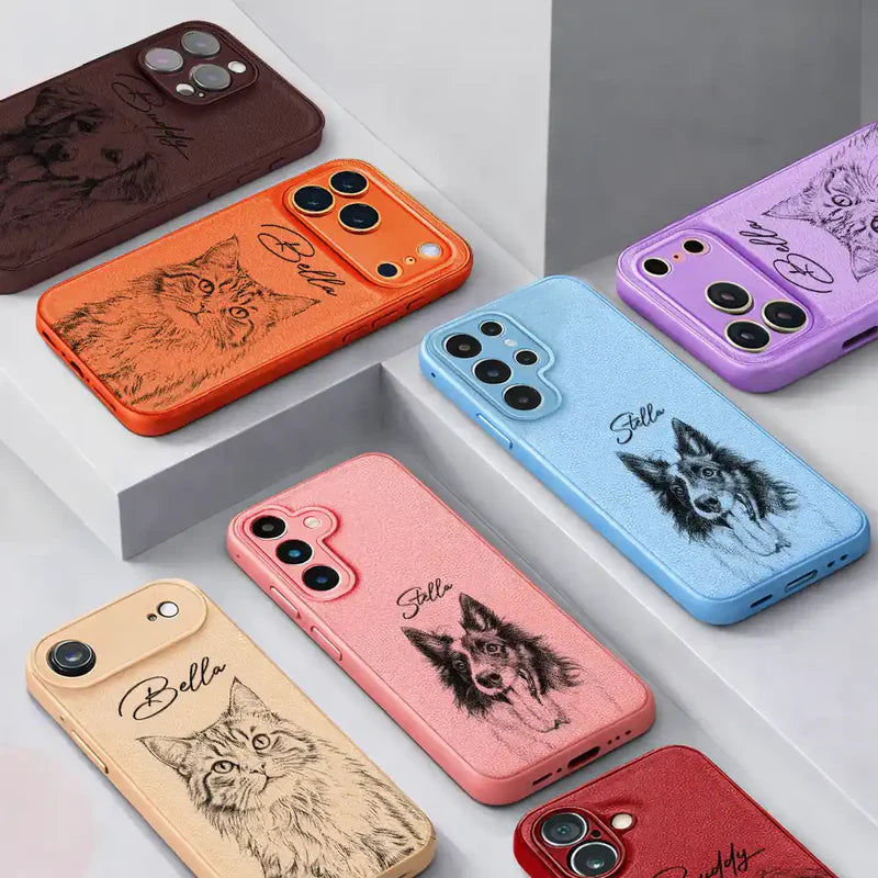 Custom Photo Pencil Sketch Family Besties Dog Cat Portrait - Personalized Leather Phone Case