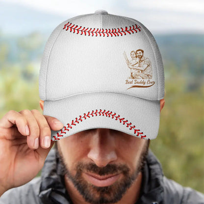 Custom Photo Bold Sketch Baseball Best Dad Grandpa Ever - Personalized Classic Cap
