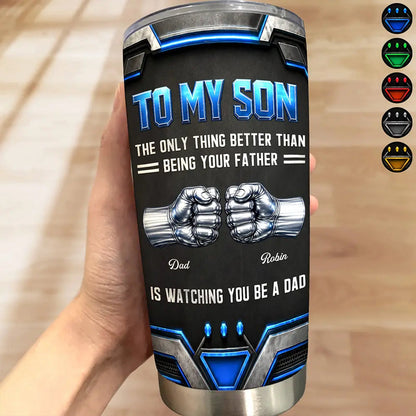 3D Metallic Effect Hand Punch Watching You Be A Dad - Personalized Tumbler