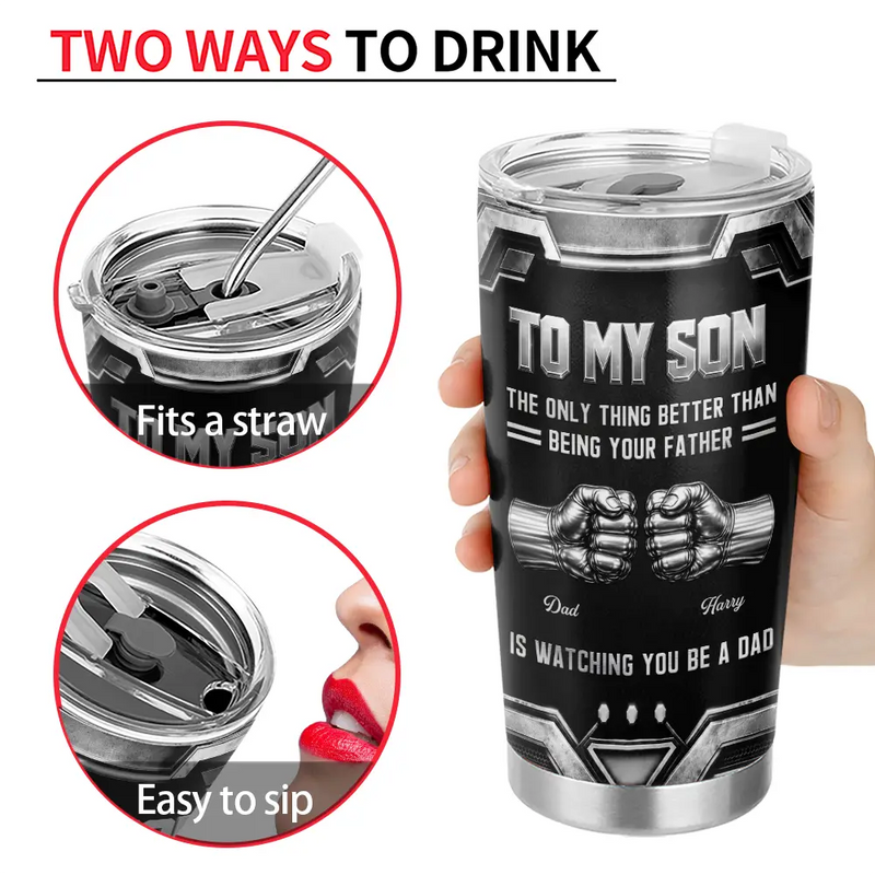 3D Metallic Effect Hand Punch Watching You Be A Dad - Personalized Tumbler