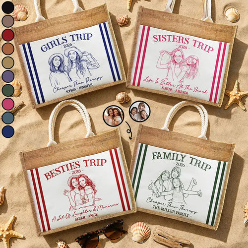 Custom Photo Pencil Sketch Girls Trip A Lot Of Laughter & Memory - Personalized Jute Tote Bag
