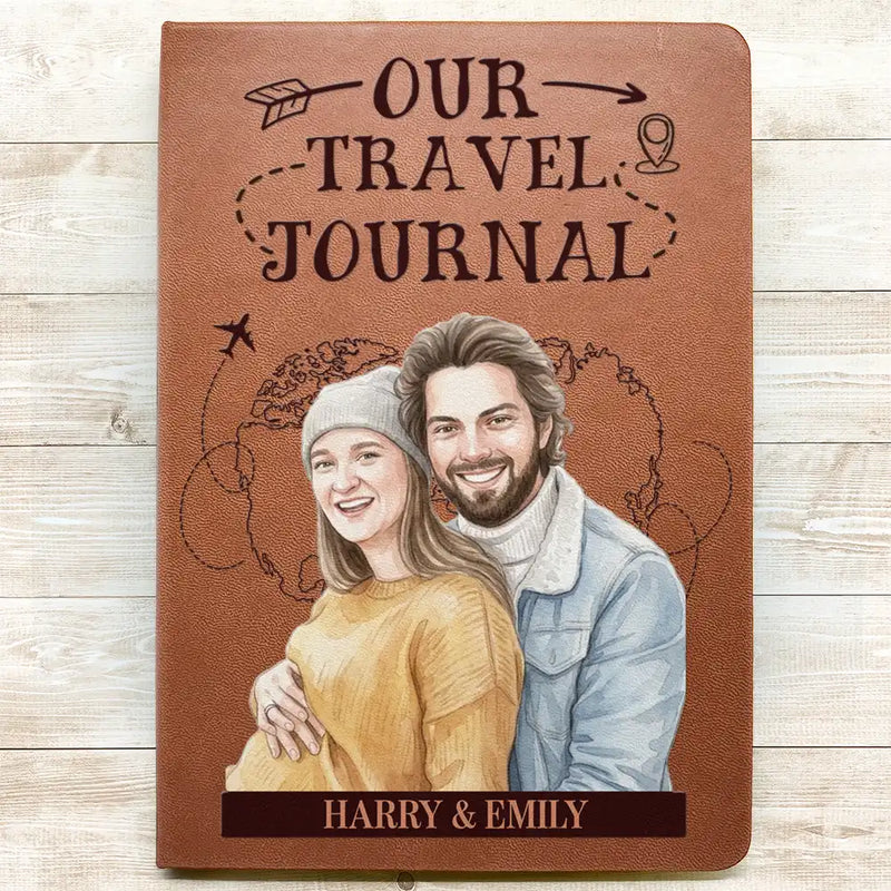 Custom Photo Realistic Watercolor Art Our Adventure Book Travel Couple - Personalized Leather Journal