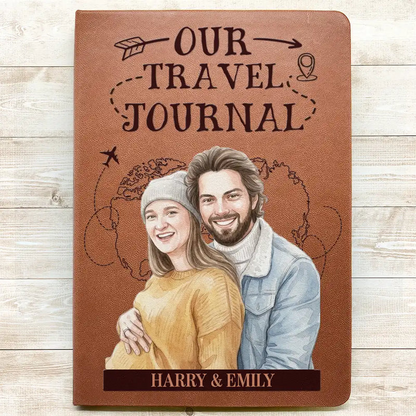 Custom Photo Realistic Watercolor Art Our Adventure Book Travel Couple - Personalized Leather Journal