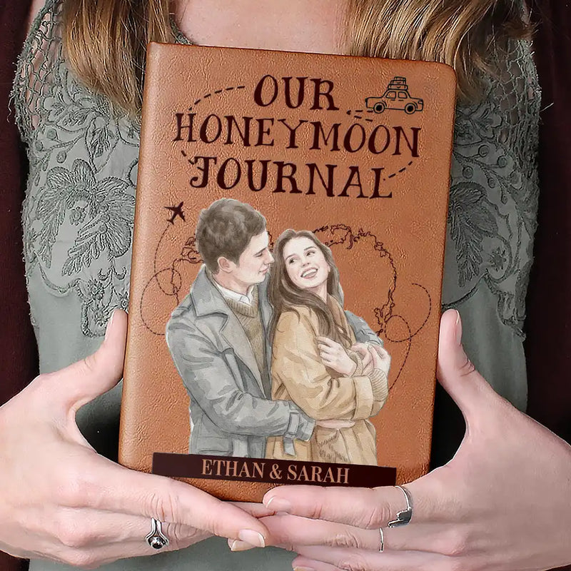 Custom Photo Realistic Watercolor Art Our Adventure Book Travel Couple - Personalized Leather Journal